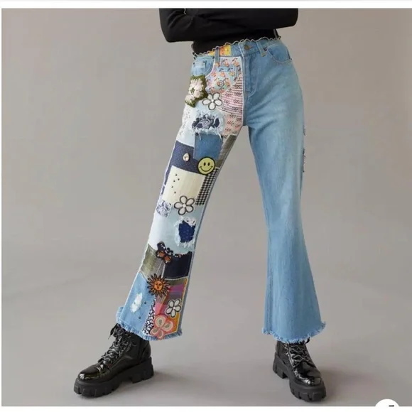 BDG Urban Outfitters Size 29 Patchwork High Rise Flare Jeans Boho Hippie - Picture 2 of 16